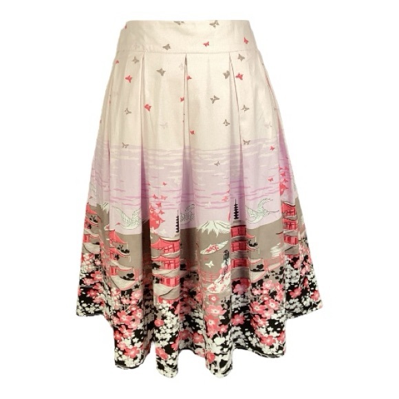 Vintage Retro Style Pink Multicolor Japanese Landscape Print A-Line Skirt Size L - Picture 2 of 9